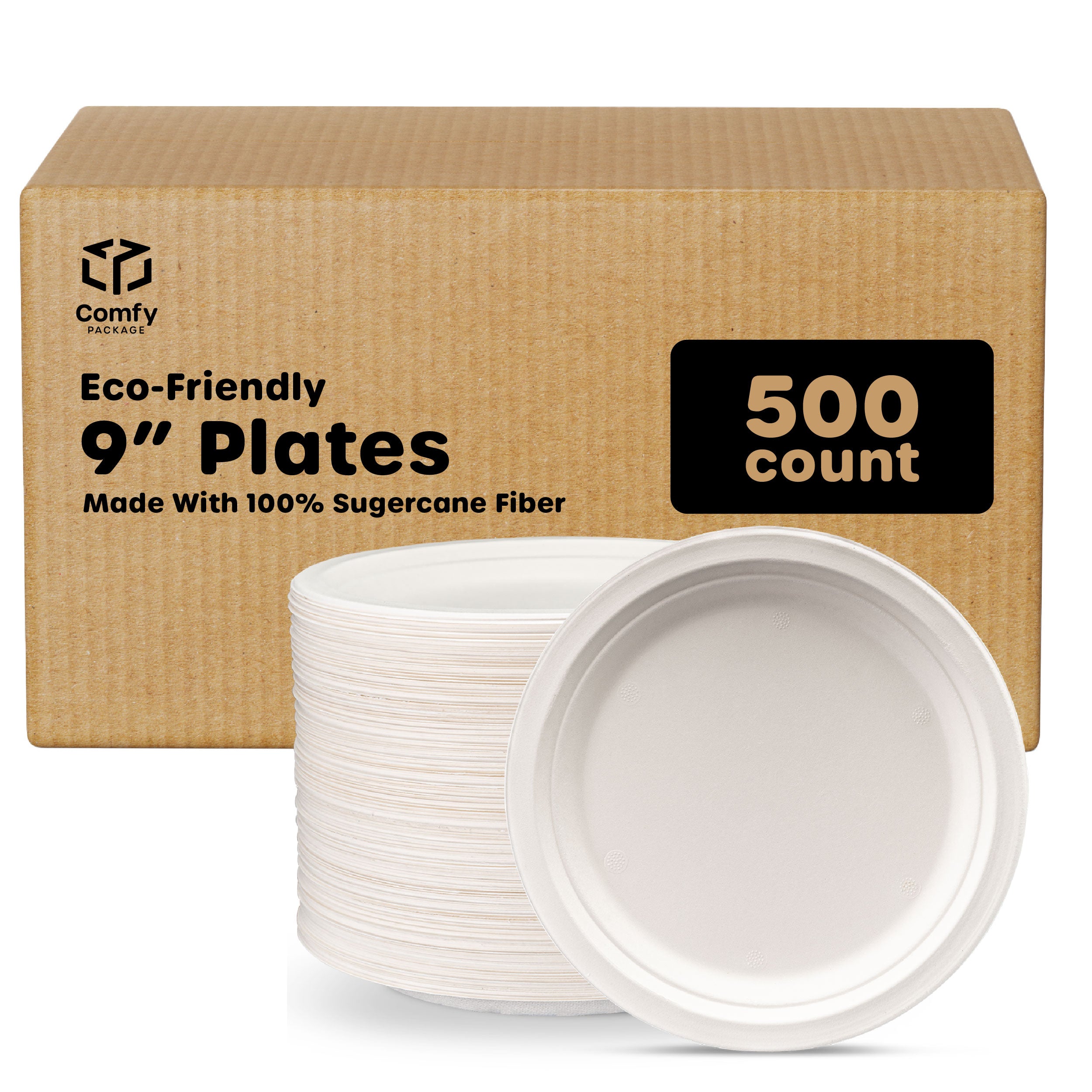 [Case of 500] 100% Compostable 9 Inch Heavy-Duty Plates Eco-Friendly Disposable Sugarcane Paper Plates