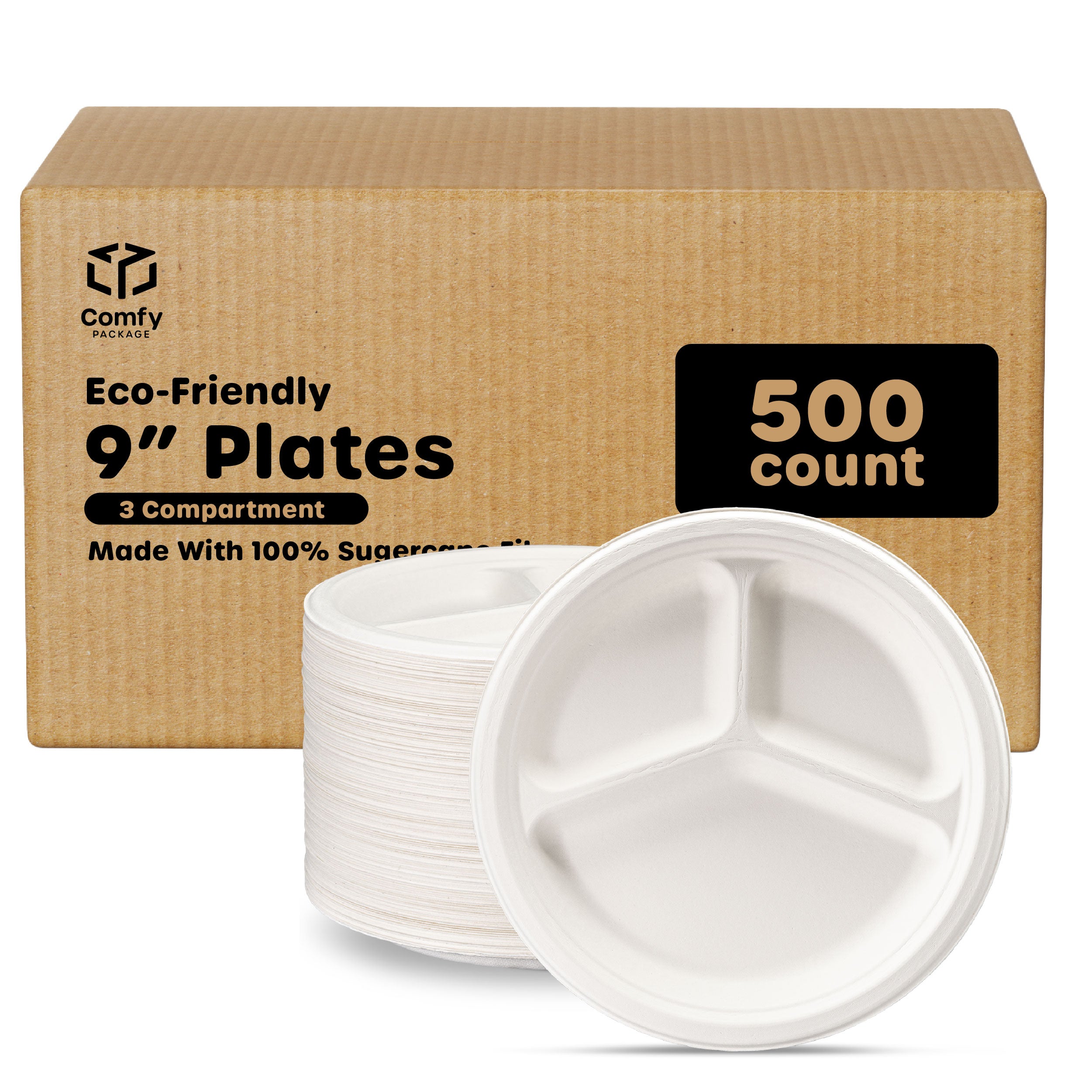 [Case of 500] 100% Compostable 9 Inch Heavy-Duty Plates 3 Compartment Eco-Friendly Disposable Sugarcane Paper Plates