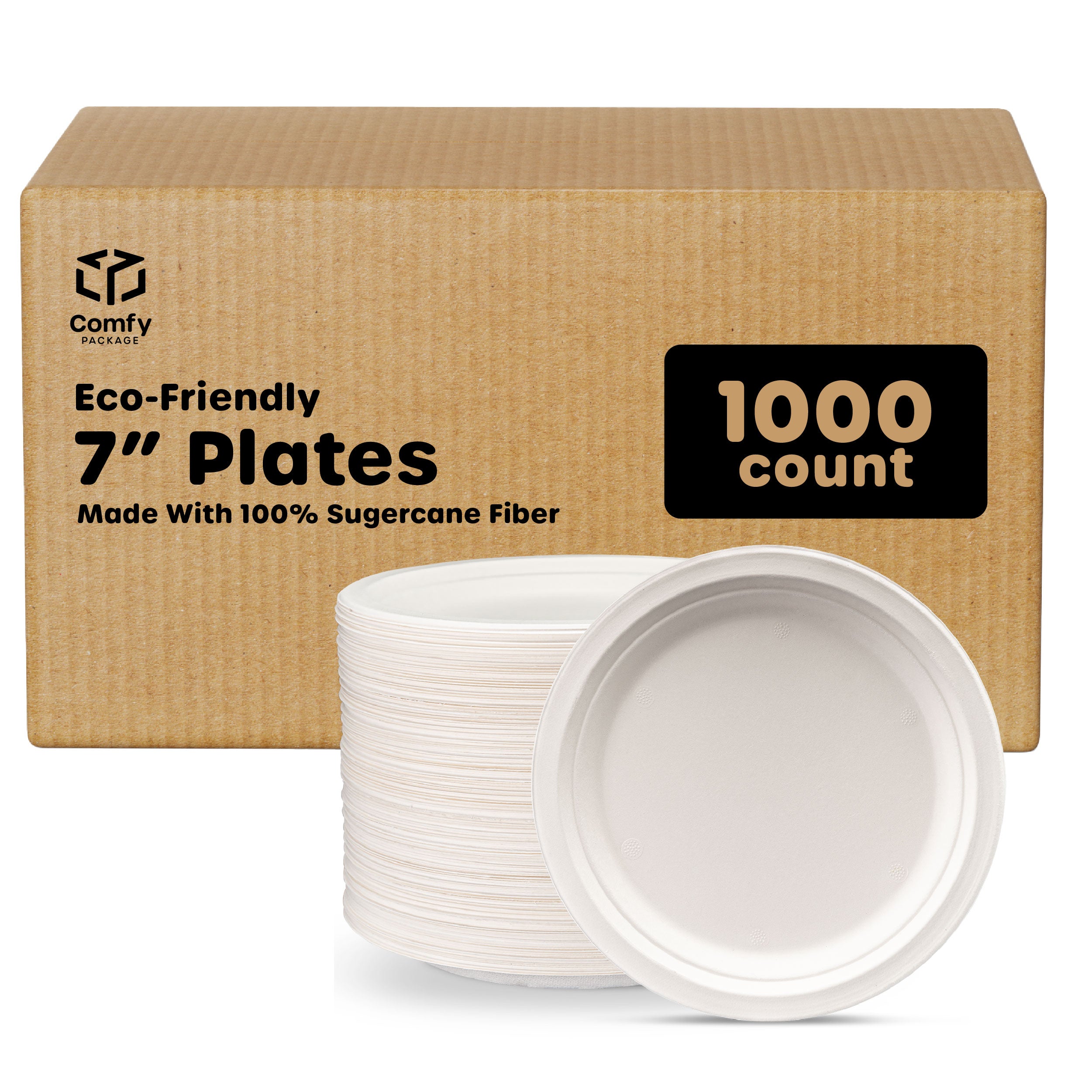 [Case of 1000] 100% Compostable 7 Inch Heavy-Duty Plates Eco-Friendly Disposable Sugarcane Paper Plates