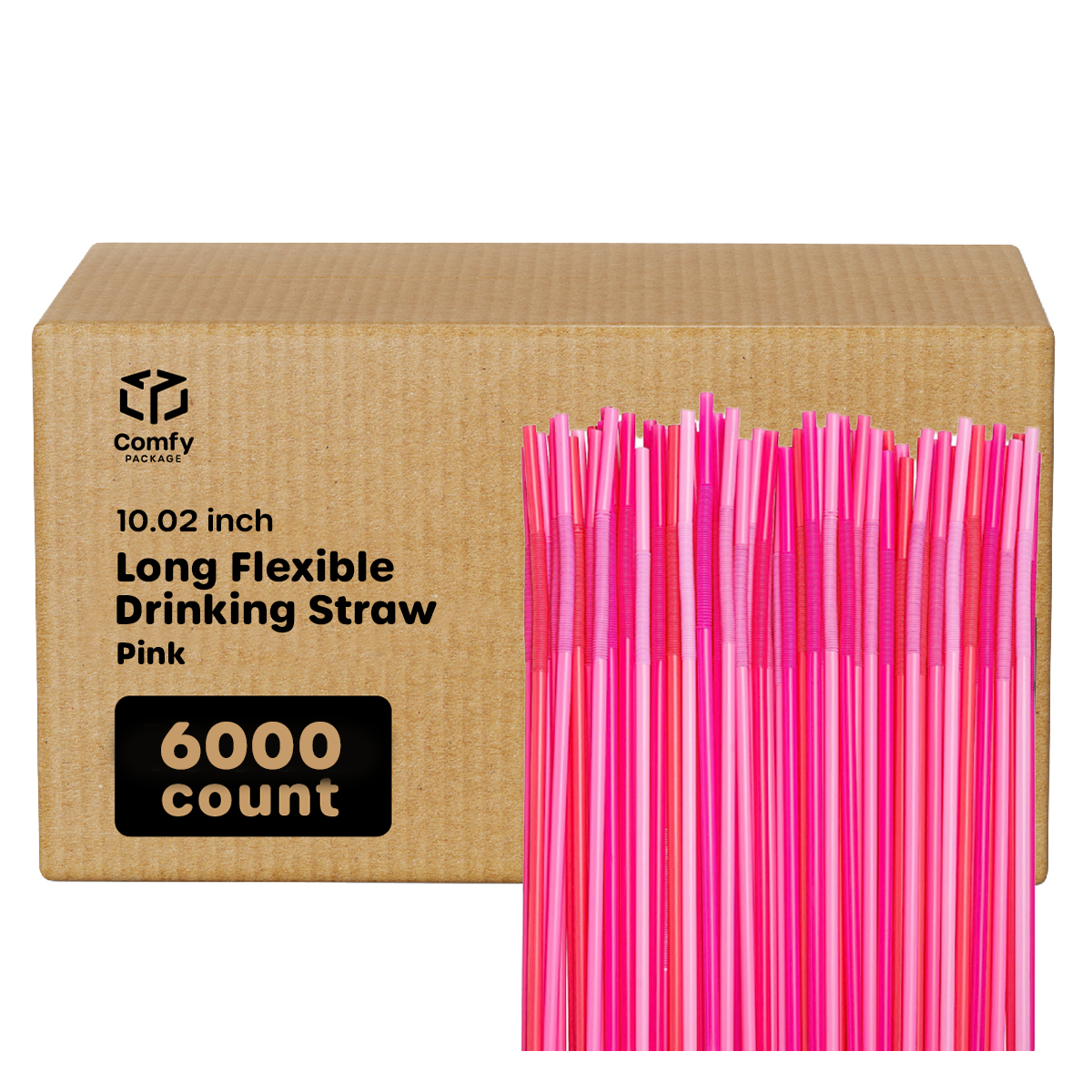 [Case of 6000] Long Flexible Disposable Plastic Drinking Straws - 10.02" High - Pink