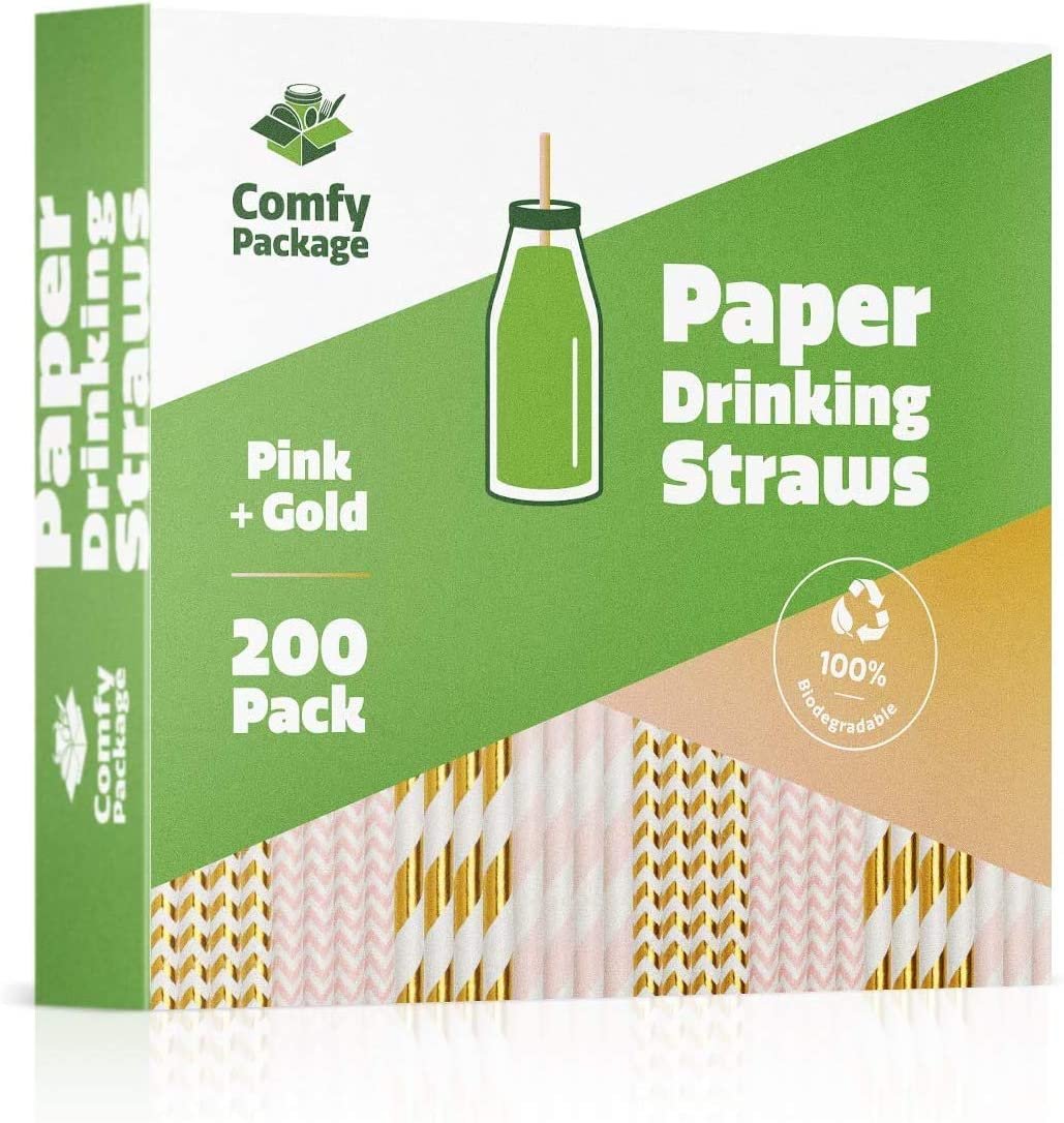 [Case of 4800]  Light Pink + Gold Paper Drinking Straws