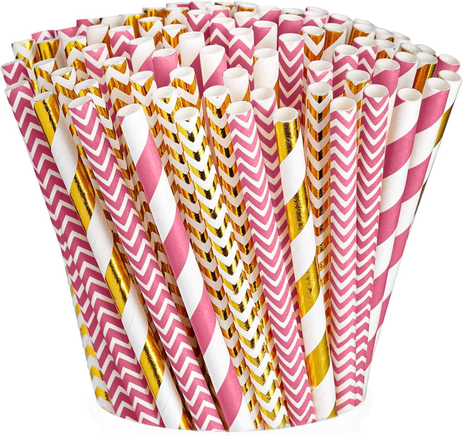 [Case of 4800] Hot Pink + Gold Paper Drinking Straws